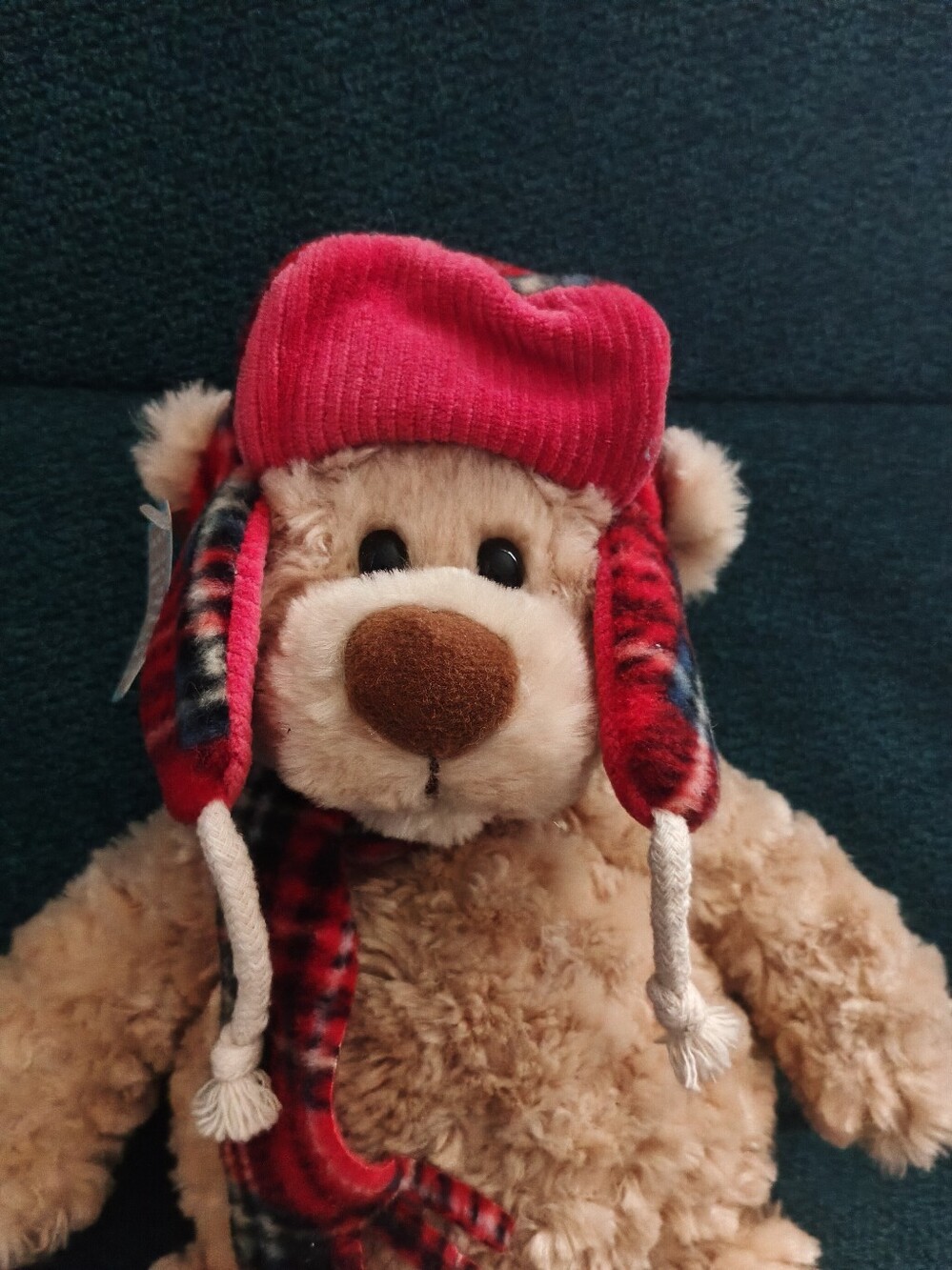 NWT GUND Manni Tan Teddy Bear 12” Winter Trapper Hat Scarf Plaid